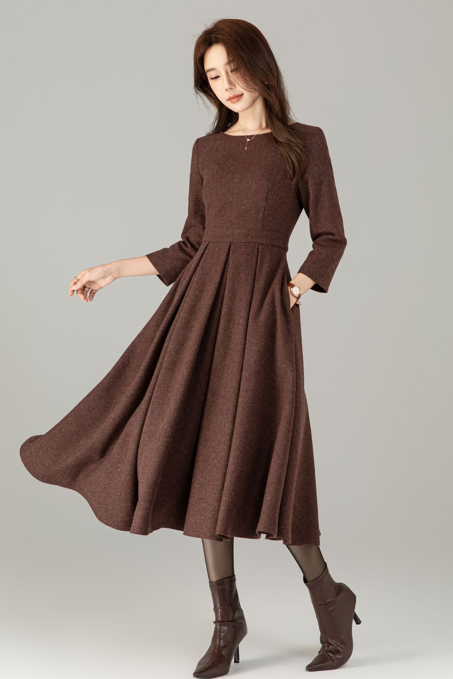 Vintage Wool Blend Midi Dress – Handmade Fit and Flare Winter Dress with Pockets | Xiaolizi 6495