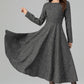 Handmade Dark Gray Wool Midi Dress – Long Sleeve Fit and Flare | Xiaolizi 6390