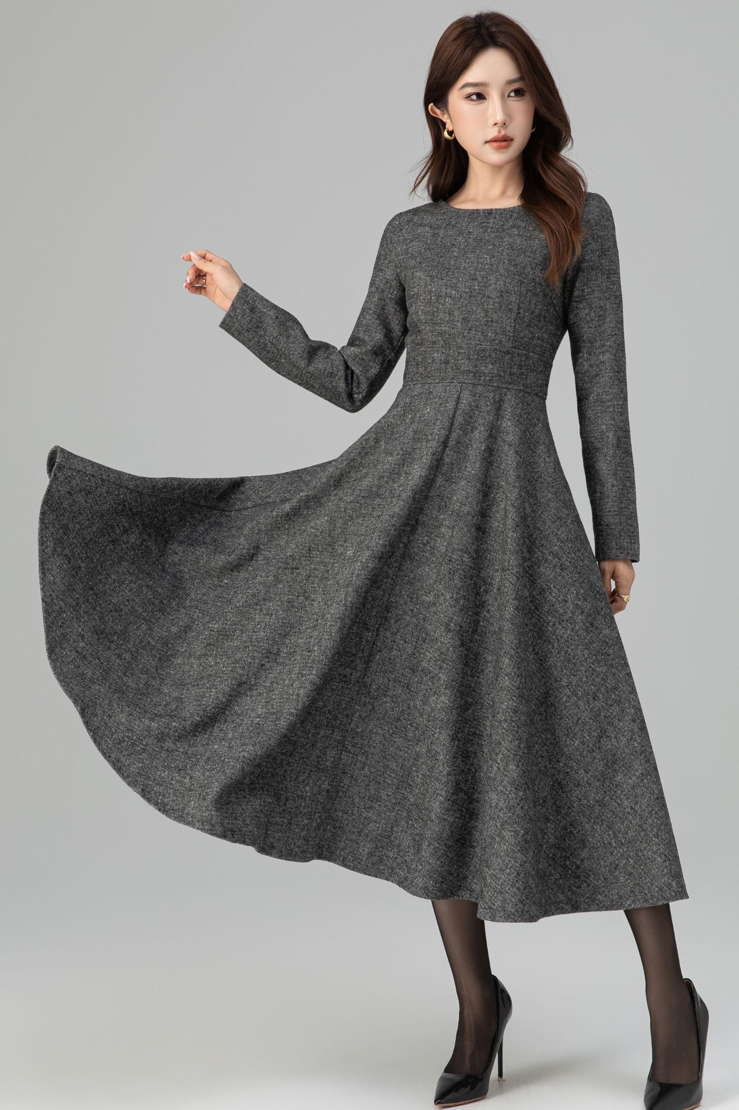 Handmade Dark Gray Wool Midi Dress – Long Sleeve Fit and Flare | Xiaolizi 6390