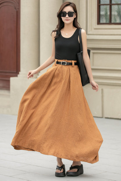 Camel Linen Skirt – Handmade High Waist Long Summer Skirt | Xiaolizi 4941