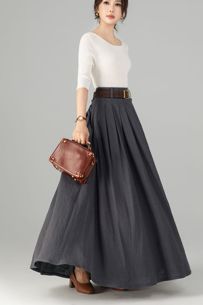 Dark Grey Linen Cotton Maxi Skirt - Pleated Waist with Side Pockets 5701