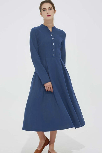 Burgundy Linen Midi Dress - Button Front A-Line Long Dress 5570