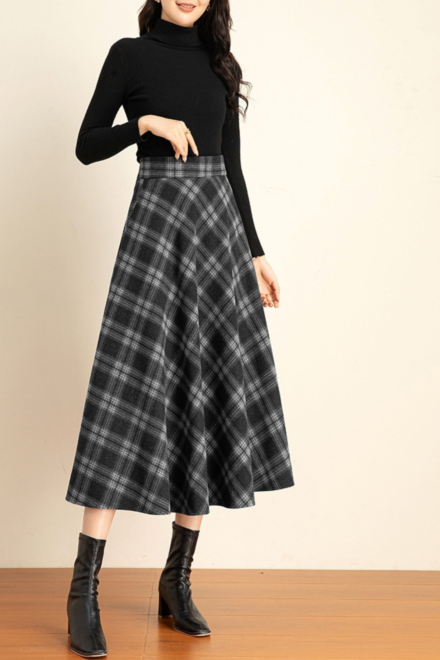 Plaid midi winter wool skirt women 6211