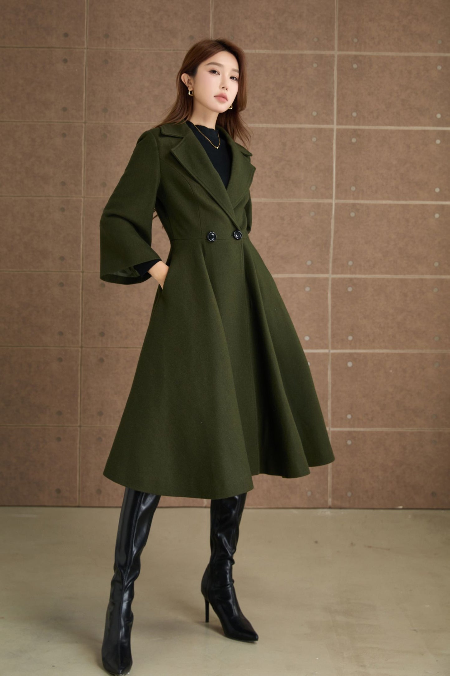 Green princess long winter wool coat 5364