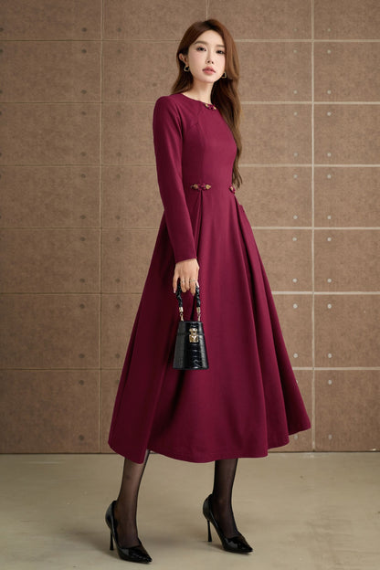 Burgundy Wool Midi Dress - Long Sleeves, Fit and Flare Silhouette 5358
