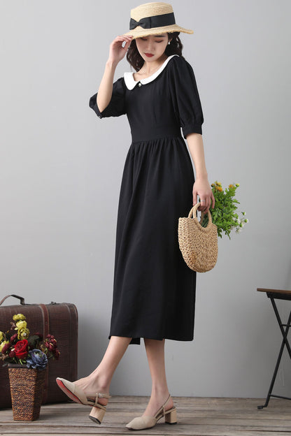 Black Cotton Linen Midi Dress - Vintage Inspired A-Line Swing 2559