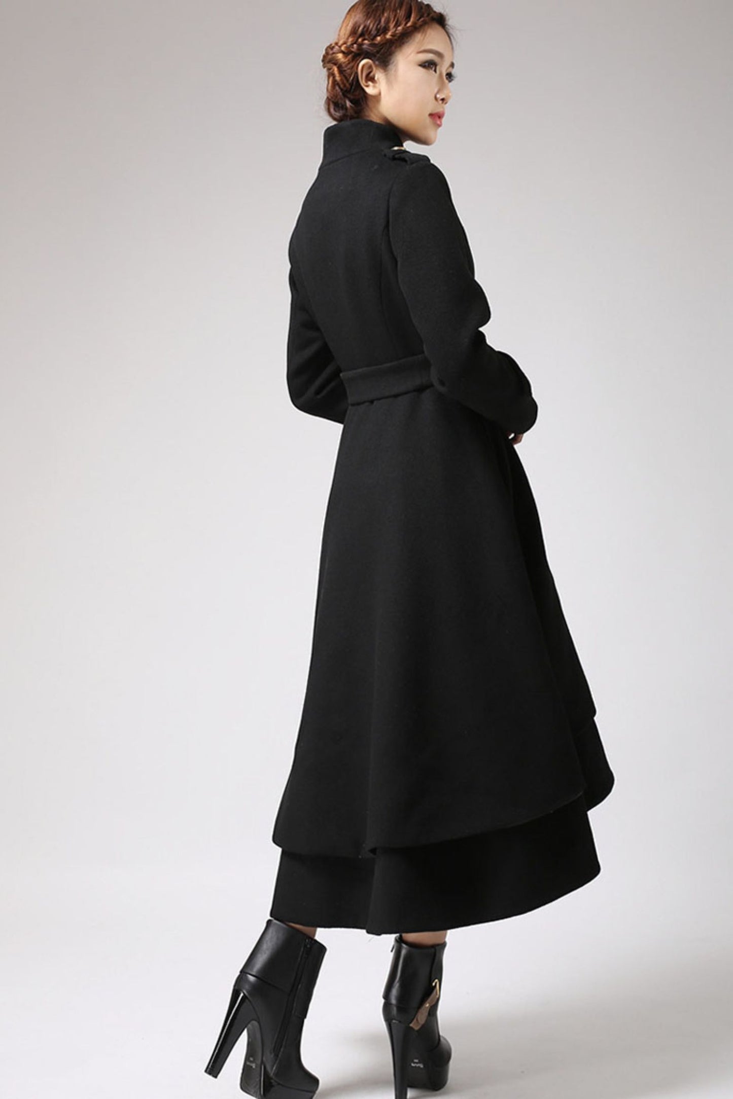 Asymmetrical Hem Black wool Coat  0703#