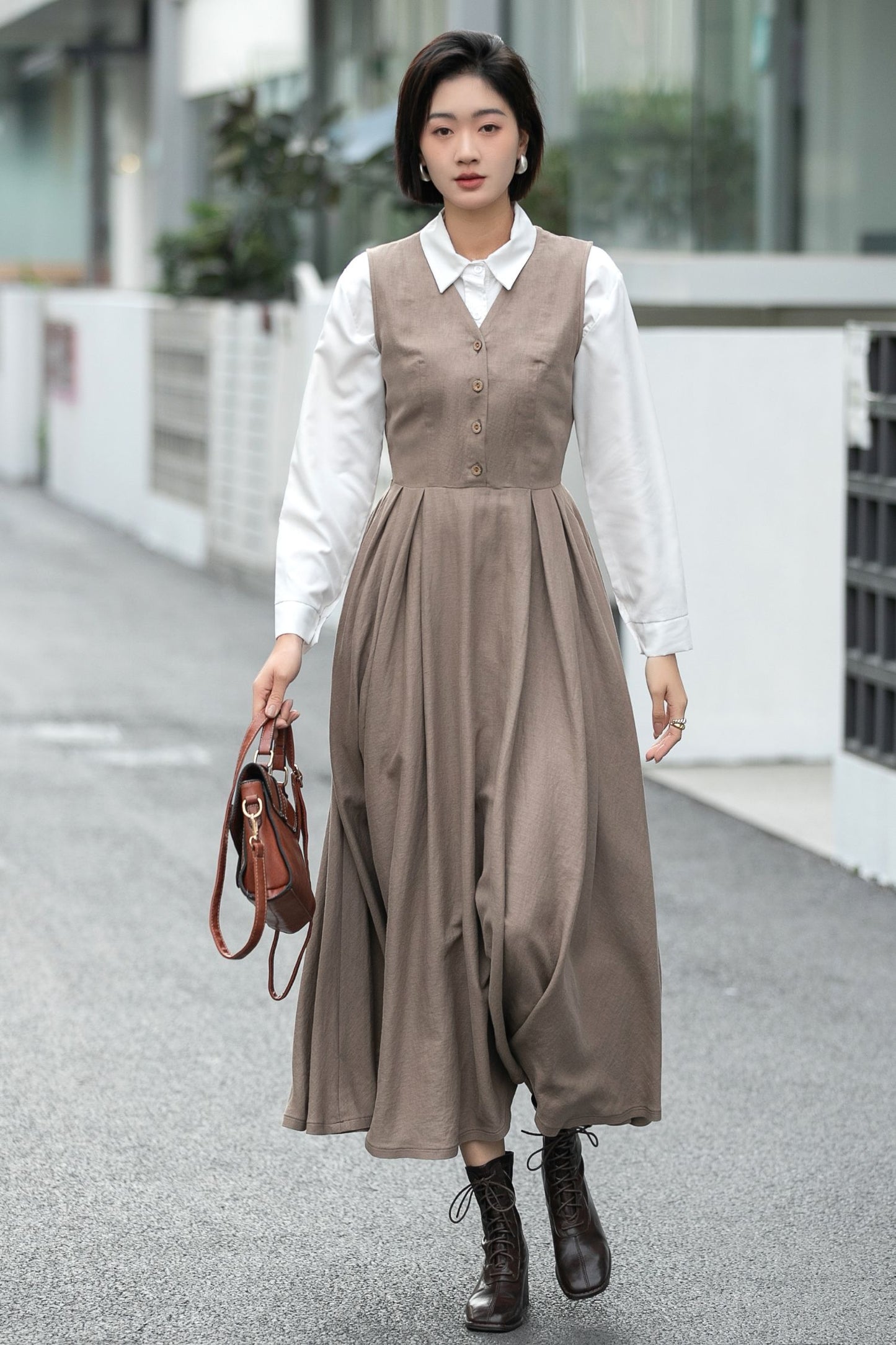 Handmade Linen Cotton Pinafore Midi Dress – Vintage Sleeveless Layering Dress 6657