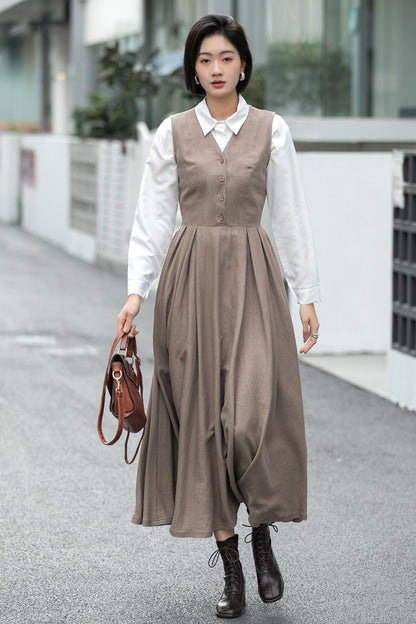 Handmade Linen Cotton Pinafore Midi Dress – Vintage Sleeveless Layering Dress 6657