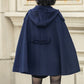 Blue Hooded Wool Cape Coat Women 5353