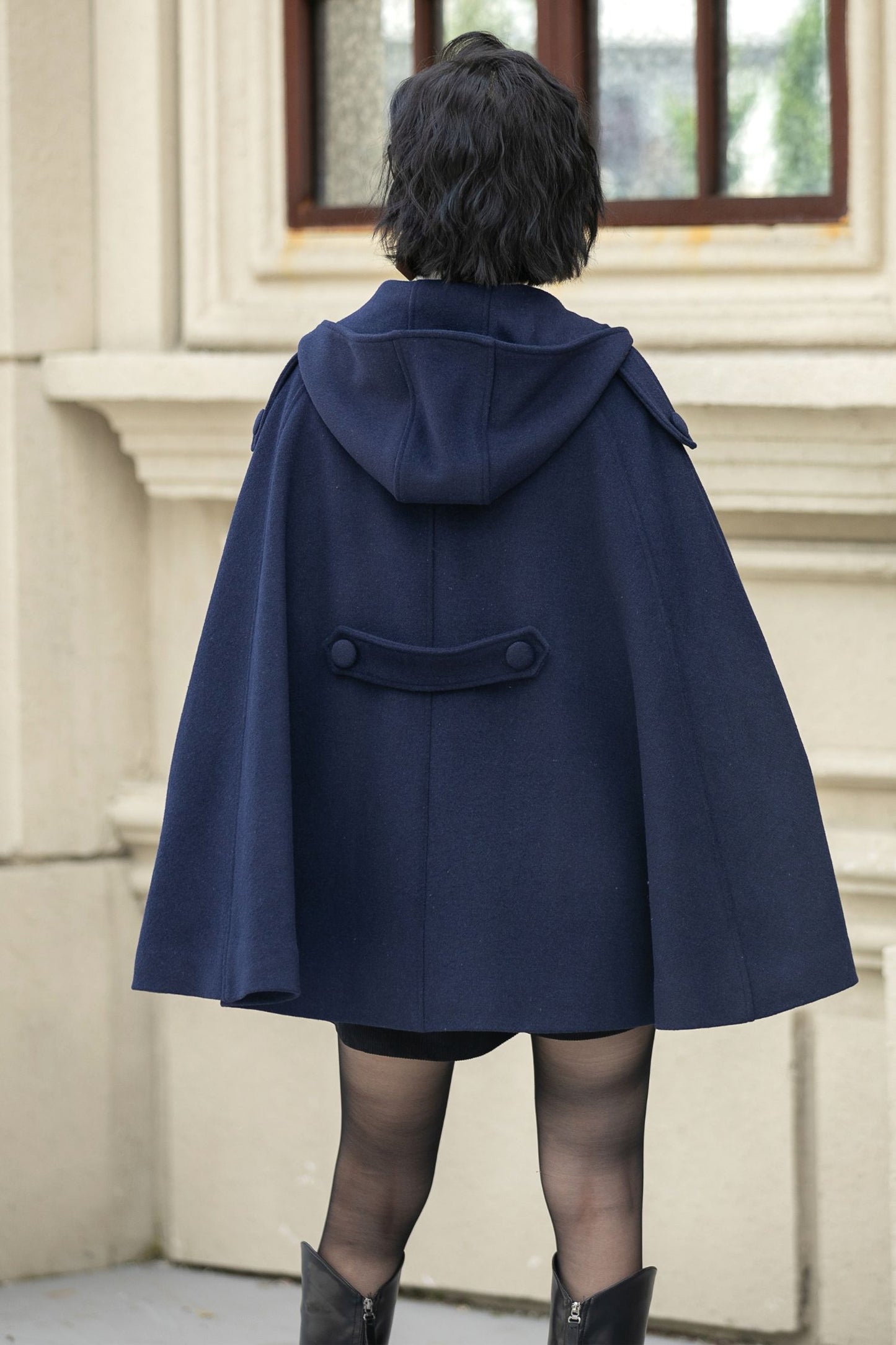 Blue Hooded Wool Cape Coat Women 5353