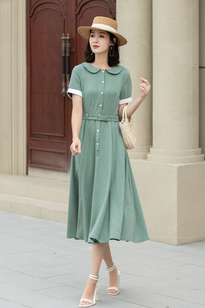 Green Linen Cotton Midi Dress – Vintage Belted Summer Shirt Dress 5148