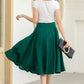Classic Dark Green Linen Midi Skirt – High-Waisted A-Line Flare – 5834