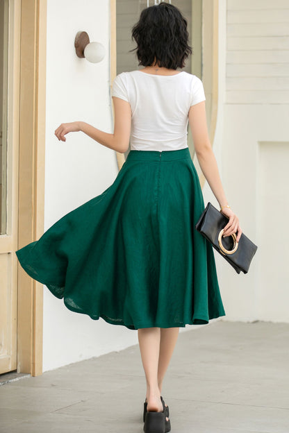 Classic Dark Green Linen Midi Skirt – High-Waisted A-Line Flare – 5834 -XS #CK2500158