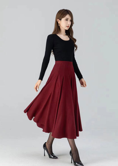 Women's Red Wool Swing Midi Skirt – Warm Winter Pleated High Waist Skirt | Xiaolizi 4782
