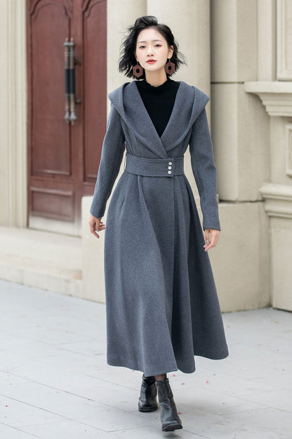 Handmade Gray Hooded Long Wool Coat for Women – Elegant Winter Fashion 5344