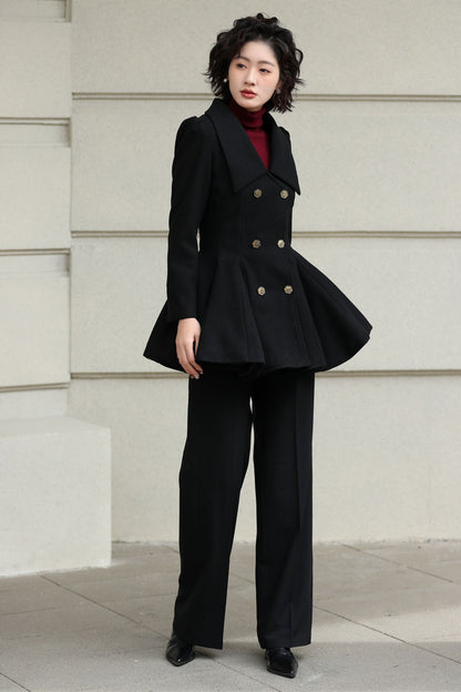 Xiaolizi Burgundy Wool Coat for Women – Handmade Double-Breasted Peplum Winter Coat 6616