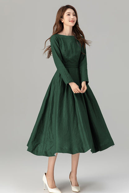 Emerald Green Linen Midi Dress - Fit Flare Pockets | Xiaolizi 5763