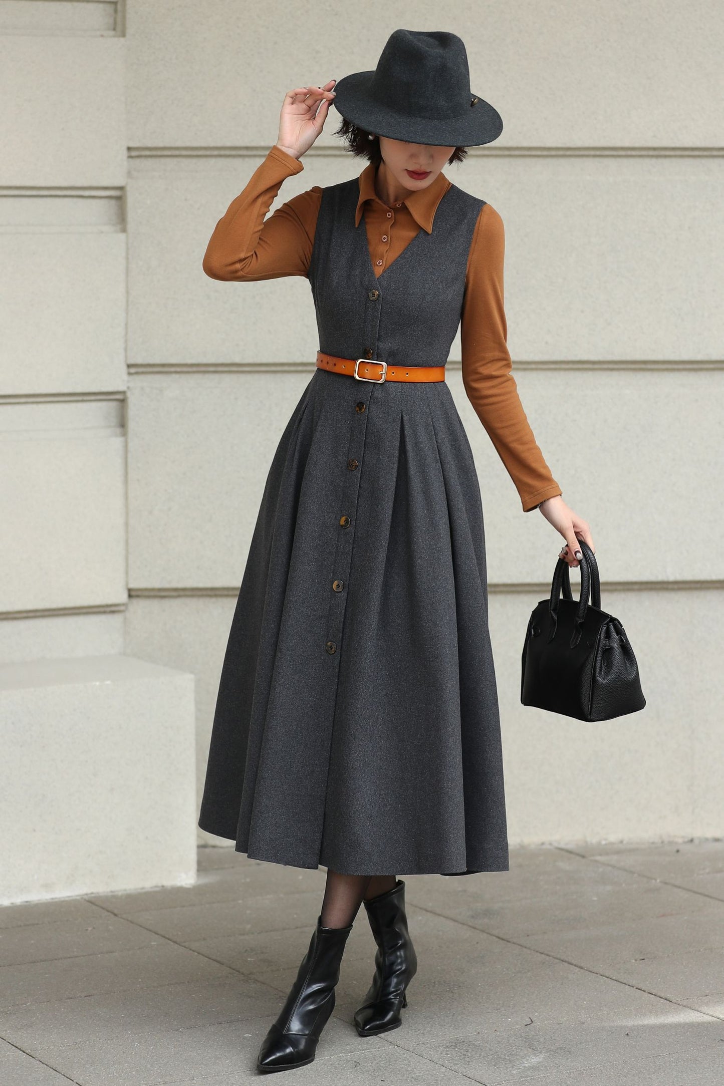 Gray Handmade Wool Pinafore Midi Dress – Vintage A-Line Style 6614