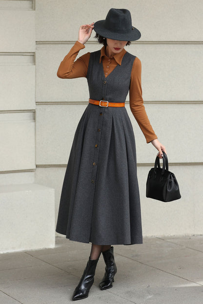 Gray Handmade Wool Pinafore Midi Dress – Vintage A-Line Style 6614