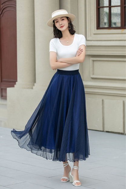 Blue Chiffon Midi Skirt - A-Line Swing with Elastic Waistband 5109