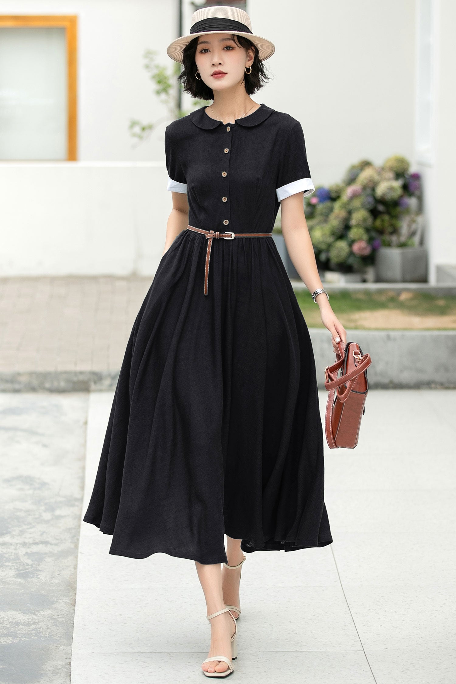 Linen Cotton Midi Shirt Dress - Peter Pan Collar Button | Xiaolizi 6048