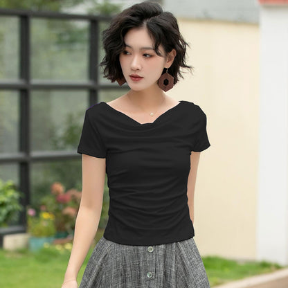 White Cotton Knit Top - Draped Neckline, Slim Fit 6057