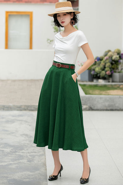 Brown Cotton Blend A-Line Midi Skirt - Flowy with Pockets 6047