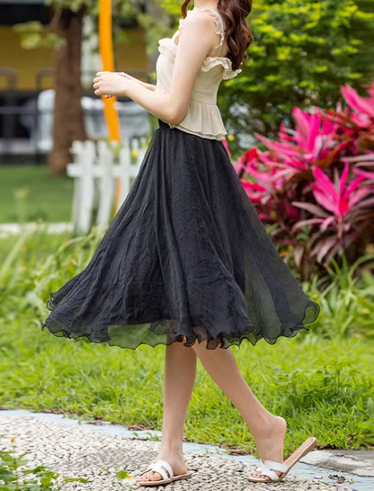Black elastic waist summer chiffon skirt 6187- black