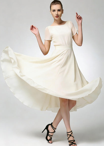 Beige Chiffon Midi Dress with Short Sleeves and Flowing Skirt | Xiaolizi 6782