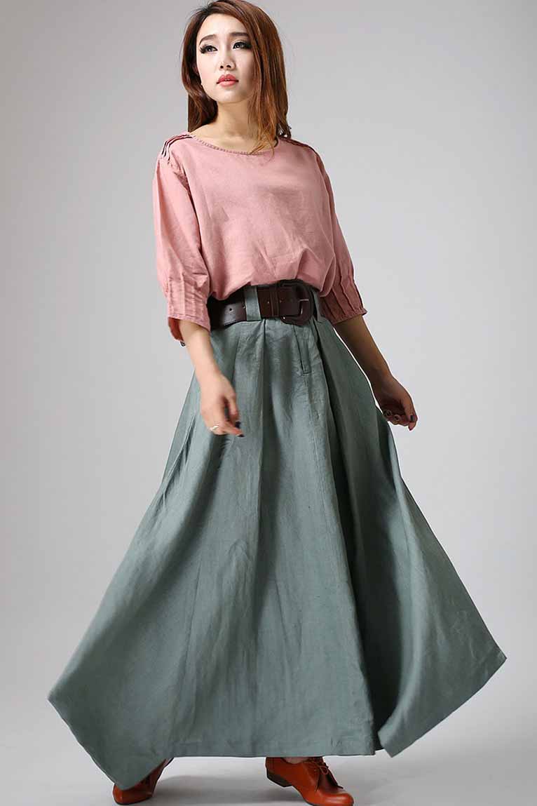 Sage Green Linen Cotton Maxi Skirt – Handmade Flowy Boho Long Skirt | Xiaolizi 914
