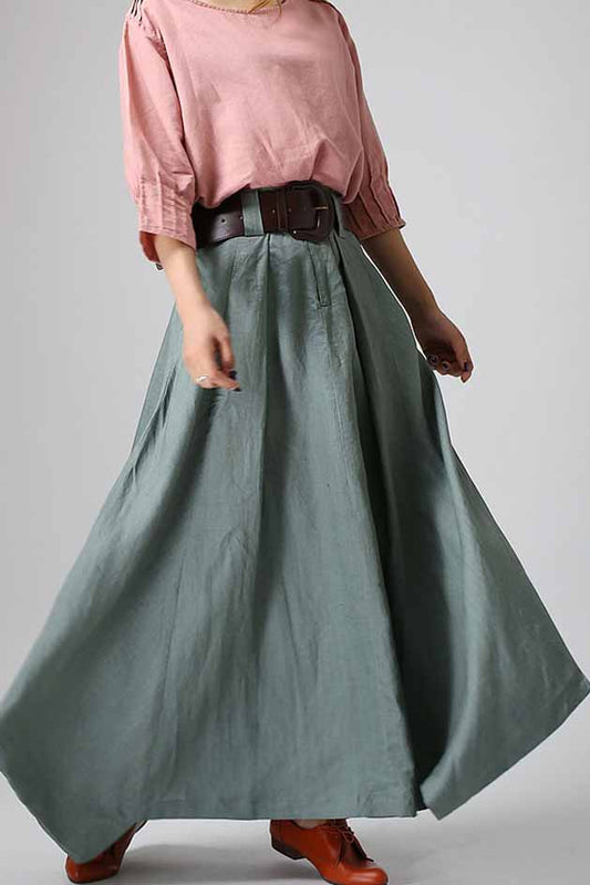 Sage Green Linen Cotton Maxi Skirt – Handmade Flowy Boho Long Skirt | Xiaolizi 914