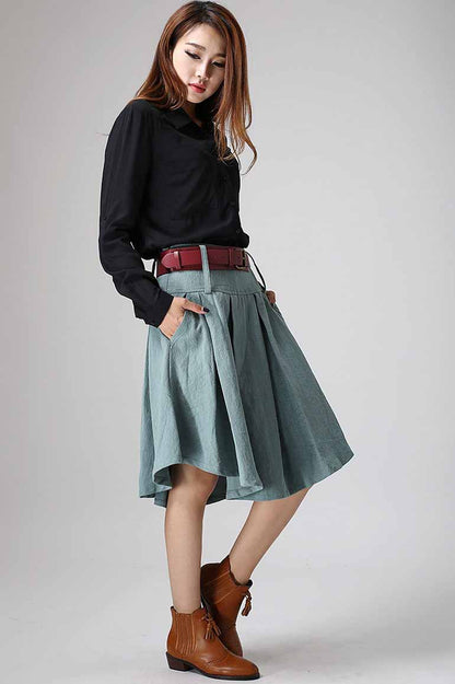 Handmade Dusty Teal Linen Pleated A-Line Skirt – Vintage Knee-Length | Xiaolizi 915