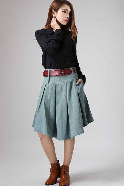 Handmade Dusty Teal Linen Pleated A-Line Skirt – Vintage Knee-Length | Xiaolizi 915