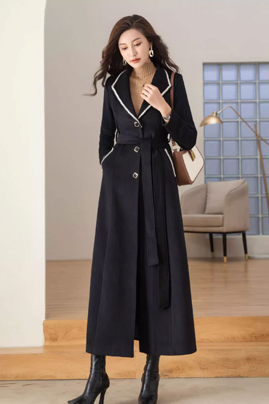 Black winter long wool coat for women 4695