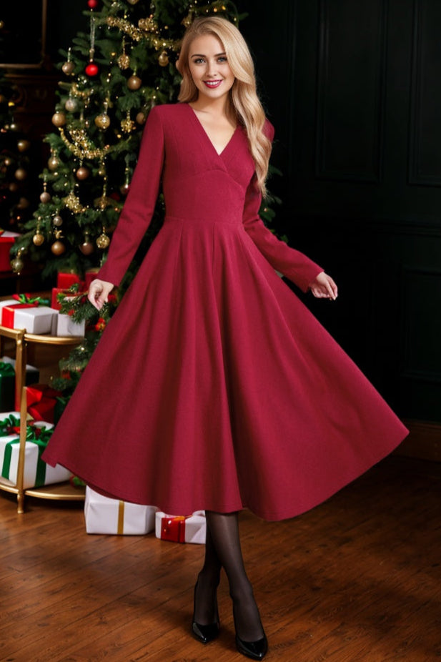 Handmade Wool Blend Midi Dress – Vintage Fit & Flare Winter
