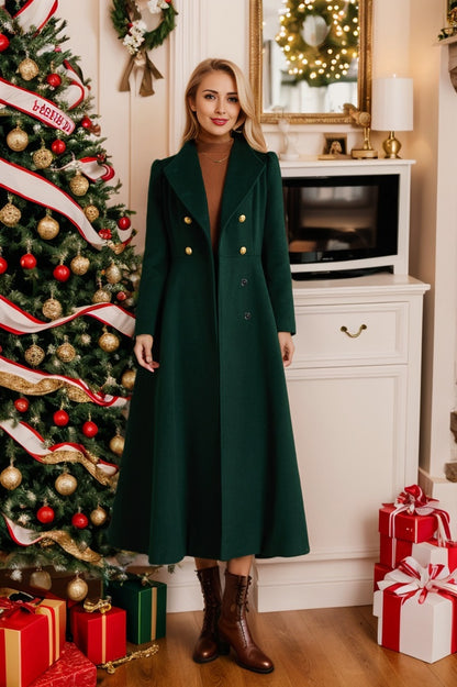 Green Wool Midi Coat - Fit and Flare Double Breasted Winter Outerwear 5368