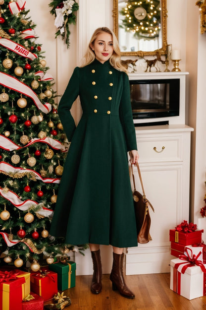 Green Wool Midi Coat - Fit and Flare Double Breasted Winter Outerwear 5368
