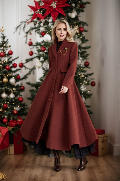 Red Brown Wool Fit and Flare Coat – Vintage Long Winter Wool Overcoat 5369