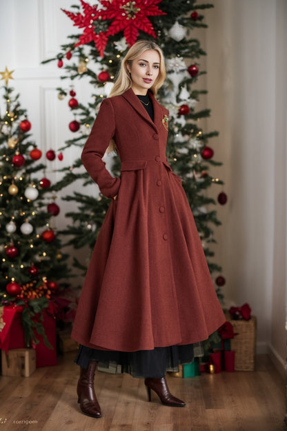 Red Brown Wool Fit and Flare Coat – Vintage Long Winter Wool Overcoat 5369