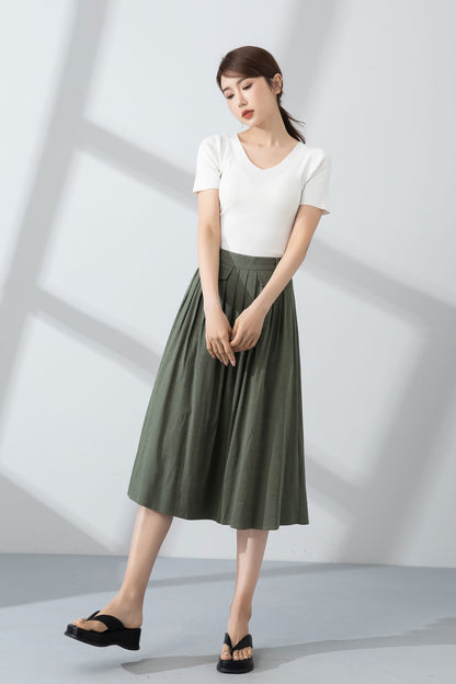 Green Linen A-Line Midi Skirt - Pleated and Textured 4232