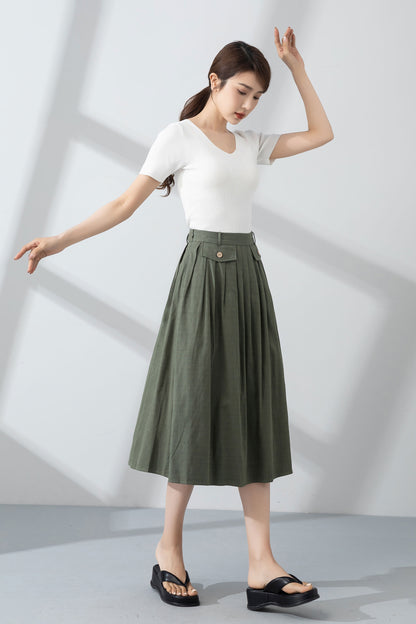 Green Linen A-Line Midi Skirt - Pleated and Textured 4232