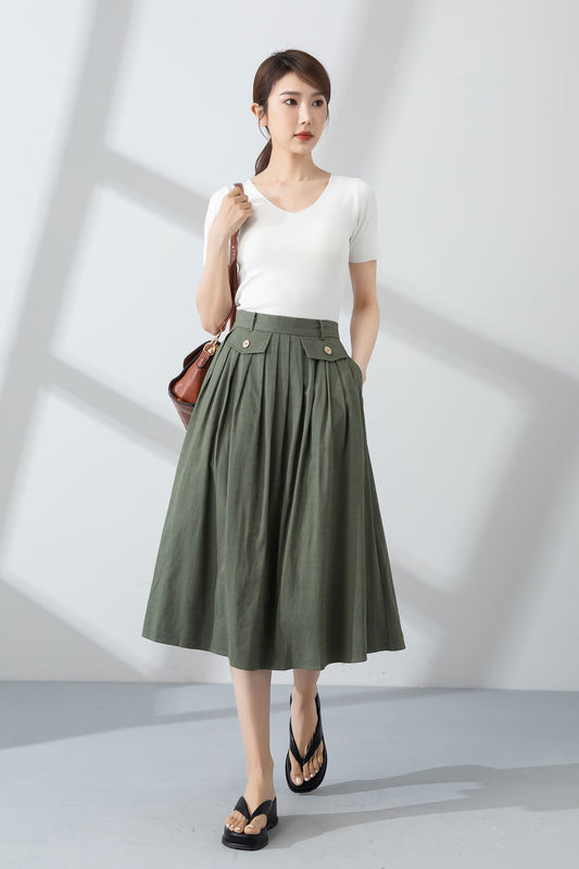 Green pleated linen skirt for women summer 4232