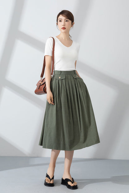 Green Linen A-Line Midi Skirt - Pleated and Textured 4232