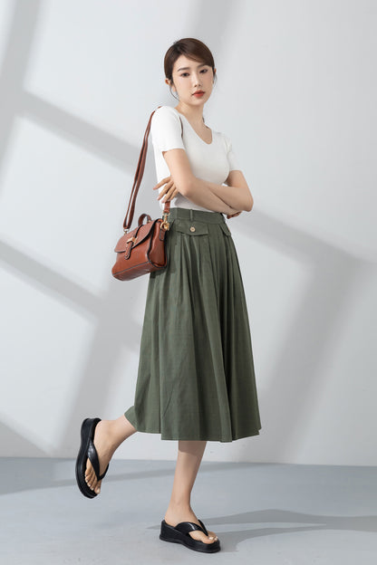 Green Linen A-Line Midi Skirt - Pleated and Textured 4232