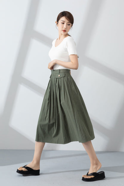 Green Linen A-Line Midi Skirt - Pleated and Textured 4232