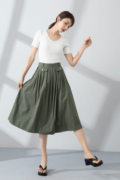Green Linen A-Line Midi Skirt - Pleated and Textured 4232