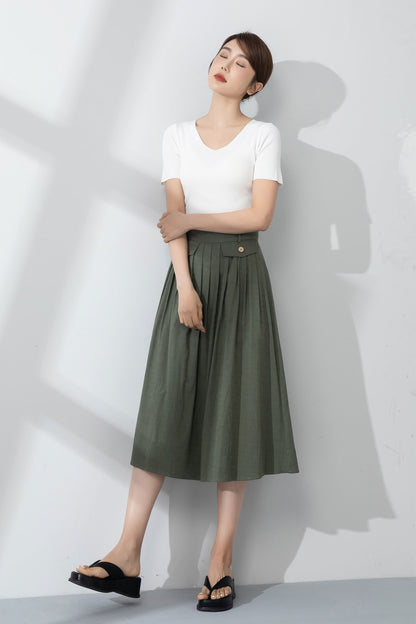 Green Linen A-Line Midi Skirt - Pleated and Textured 4232