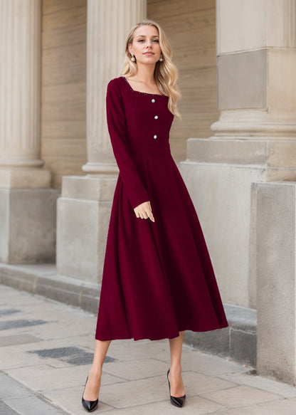 Burgundy Wool Midi Dress - Swing Silhouette with Square Collar 5436