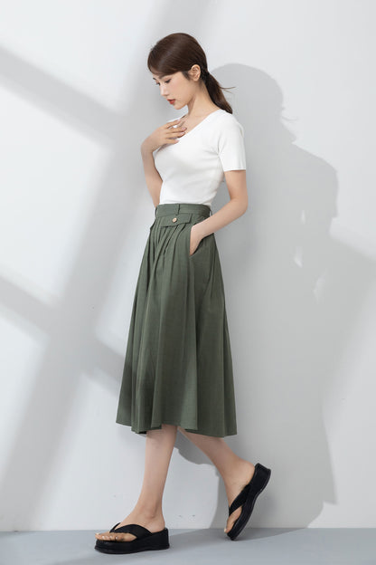 Green Linen A-Line Midi Skirt - Pleated and Textured 4232